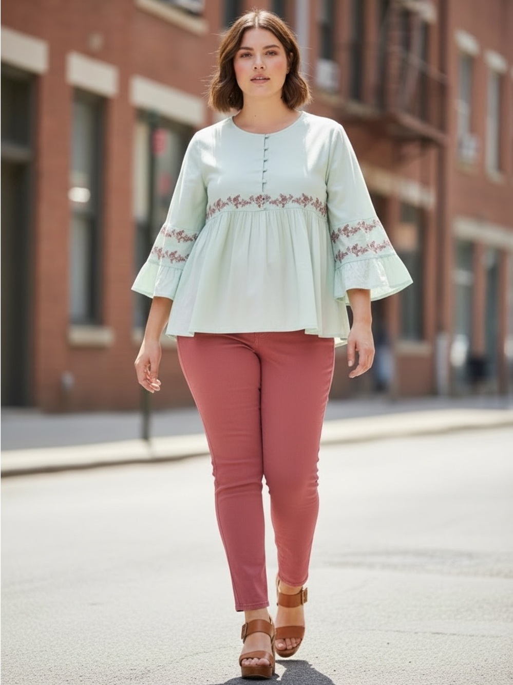 Orange Creek Flounce Peasant Top Sage with dark rose flower accents NWT